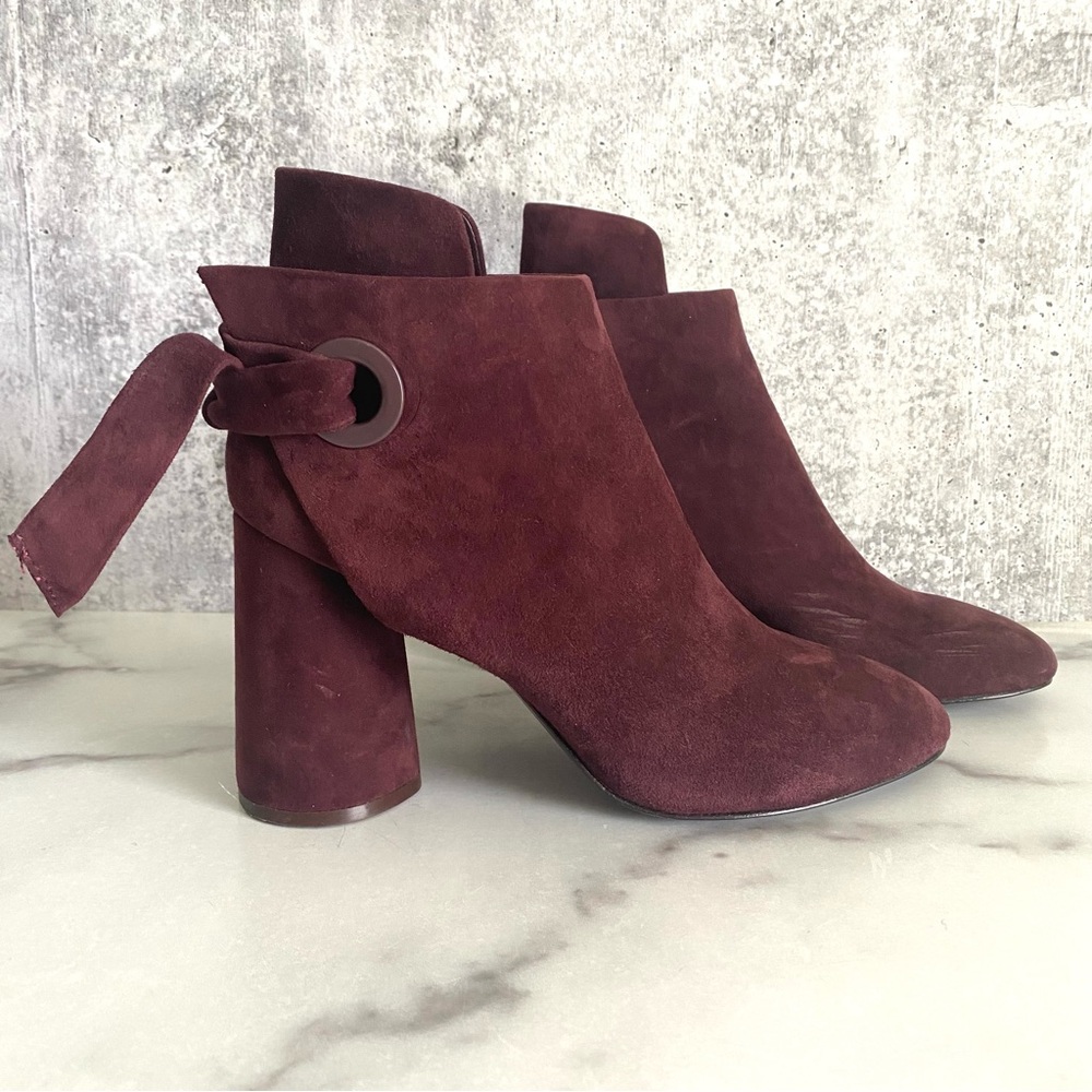 AD & Daughters Burgundy Suede Leather Ankle Boots Block Heel Bow 6.5